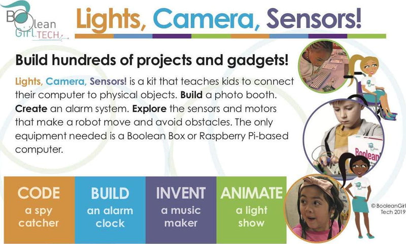 Boolean Box Lights, Camera, Sensors! A Build it Yourself Electronics Accessory kit for use with Any Raspberry Pi Computer