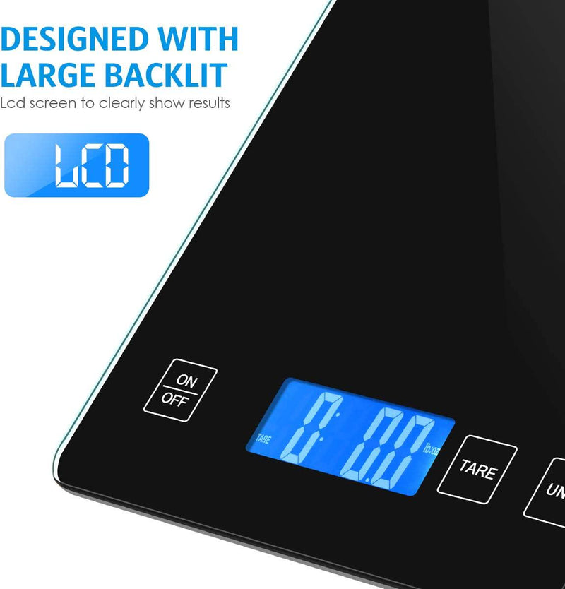 Brifit Digital Kitchen Scale, 10kg/22lb Food Scale, 1g/0.1oz Precise Graduation, Waterproof Tempered Glass Platform, High Accuracy Multi-Function Scale for Cooking Baking (Black, Battery Included)