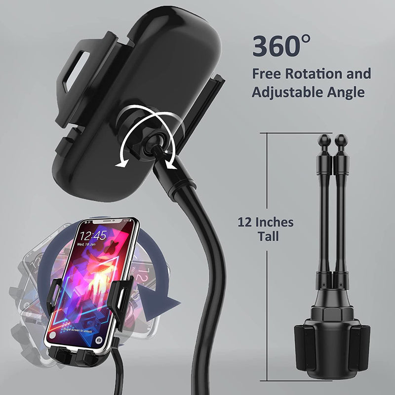 Dual Phone Holder for Car Cup Holder – Long Flexible Neck, 360° Rotatable  Car Phone Mount - Adjustable Cell Phone Cup Holder, Universal Size Fits 2