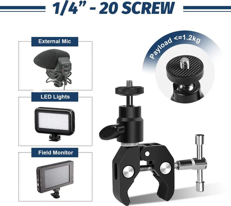 Camera Mount Clamp Multi-Functional Ball Head Mount with 1/4 Screw for LCD Field Monitor, LED Lights, Flash, Microphone