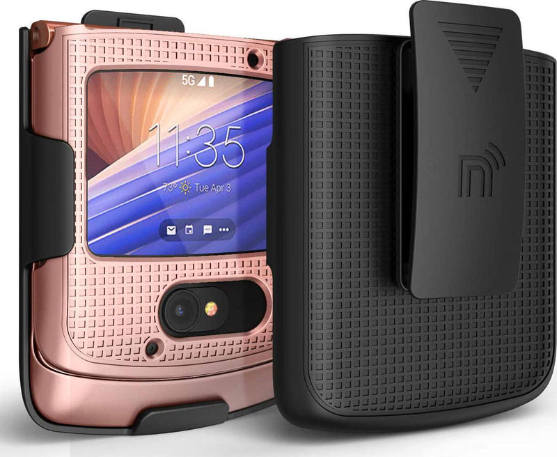 Case with Clip for Motorola RAZR 5G Flip Phone, Nakedcellphone [Rose Gold Pink] Hard Shell Slim Cover with [Rotating/Ratchet] Belt Hip Holster Holder Combo for Moto RAZR 5G Flip Phone (2020) XT2071
