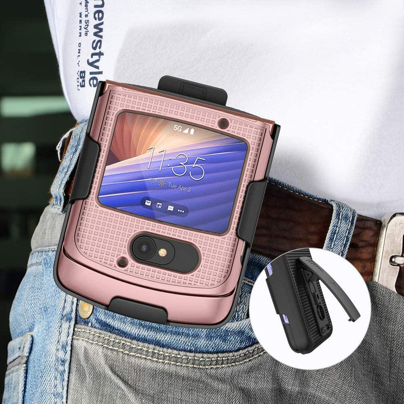 Case with Clip for Motorola RAZR 5G Flip Phone, Nakedcellphone [Rose Gold Pink] Hard Shell Slim Cover with [Rotating/Ratchet] Belt Hip Holster Holder Combo for Moto RAZR 5G Flip Phone (2020) XT2071
