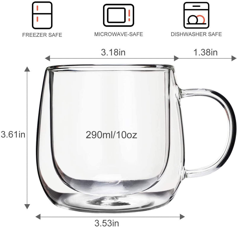 CnGlass Double Walled Glass Coffee Mugs 10oz(290ml),Large Insulated  Espresso Cups,Set of 4 Clear Cappuccino Mug with Handle 
