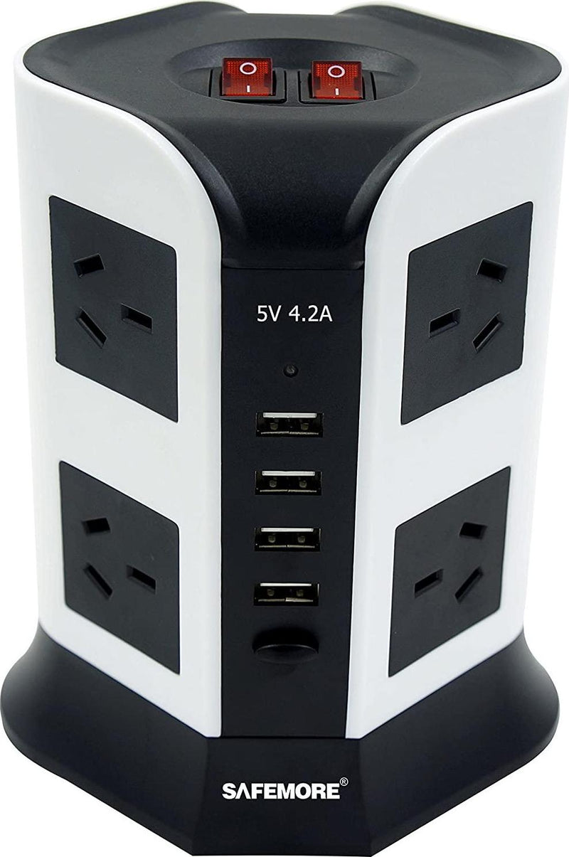 Compact Vertical Power Board with 4 USB Ports and 8 Plugs, White and Black, (SM-OL4U8GB)