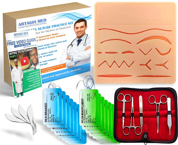 Complete Suture Practice Kit for Suture Training, Including Large Silicone Suture Pad with pre-Cut Wounds and Suture Tool kit. Latest Generation Model. (Demonstration and Education Use Only)
