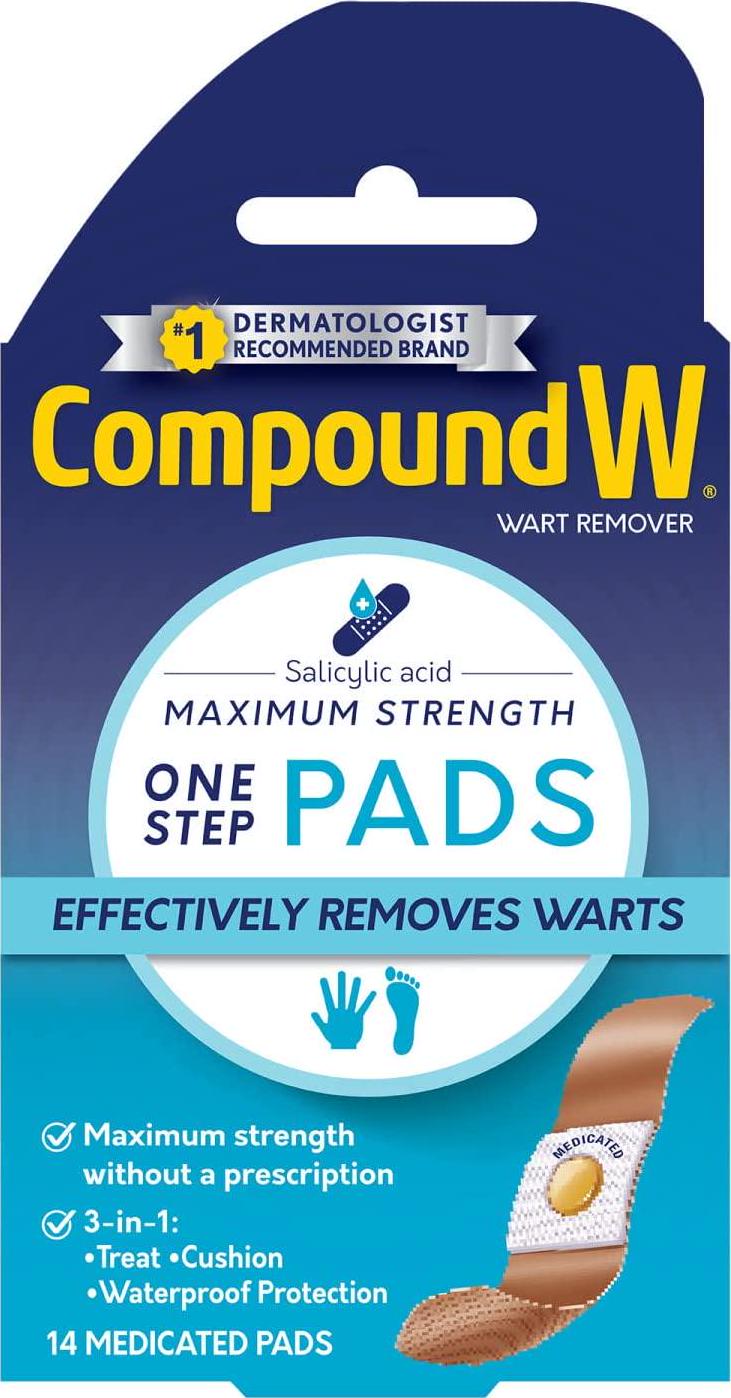 Compound W Wart Remover One Step Pads - Maximum Strength - Waterproof, Medicated, Self-Adhesive Pads Conceal and Protect Common and Plantar Warts While Treating them with Salicylic Acid - 14 Count