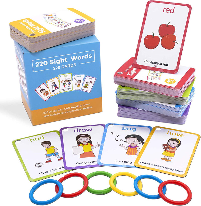 Conzy Dolch Sight Words Flash Cards for Kindergarten 1st 2nd 3rd Grade Preschool Toddlers, 220 Sight Words with Pictures and Sentences for Kids Learn to Read, 5 Levels of Difficulty, 6 Sorting Rings