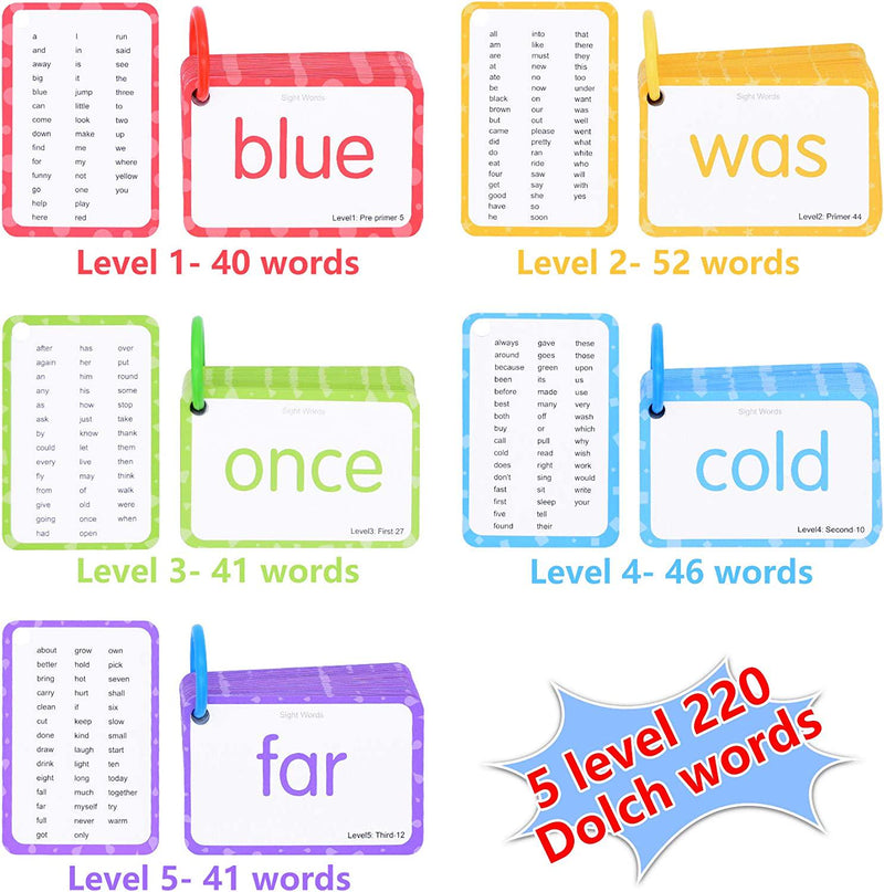 Conzy Dolch Sight Words Flash Cards for Kindergarten 1st 2nd 3rd Grade Preschool Toddlers, 220 Sight Words with Pictures and Sentences for Kids Learn to Read, 5 Levels of Difficulty, 6 Sorting Rings