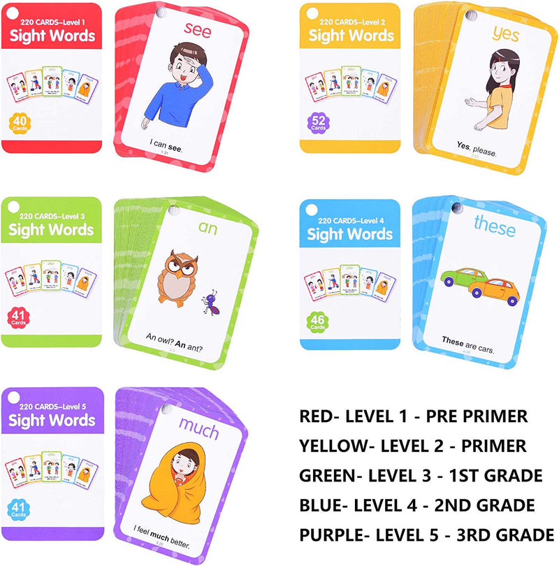 Conzy Dolch Sight Words Flash Cards for Kindergarten 1st 2nd 3rd Grade Preschool Toddlers, 220 Sight Words with Pictures and Sentences for Kids Learn to Read, 5 Levels of Difficulty, 6 Sorting Rings