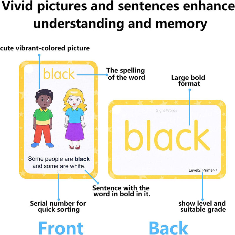 Conzy Dolch Sight Words Flash Cards for Kindergarten 1st 2nd 3rd Grade Preschool Toddlers, 220 Sight Words with Pictures and Sentences for Kids Learn to Read, 5 Levels of Difficulty, 6 Sorting Rings