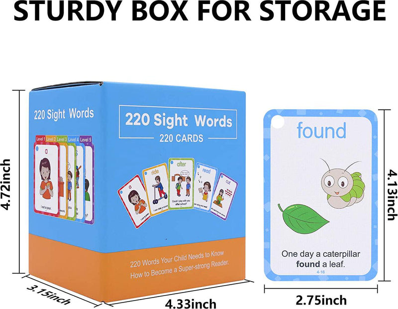 Conzy Dolch Sight Words Flash Cards for Kindergarten 1st 2nd 3rd Grade Preschool Toddlers, 220 Sight Words with Pictures and Sentences for Kids Learn to Read, 5 Levels of Difficulty, 6 Sorting Rings