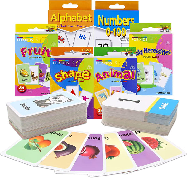 Conzy Flash Cards for Toddlers Preschoolers, Educational Learning Supply for Pre-K to 3rd Grade Homeschool, Great Value Pack 6 Sets 247 Cards-Alphabet, Number, Shape, Fruit, Animal, Necessity