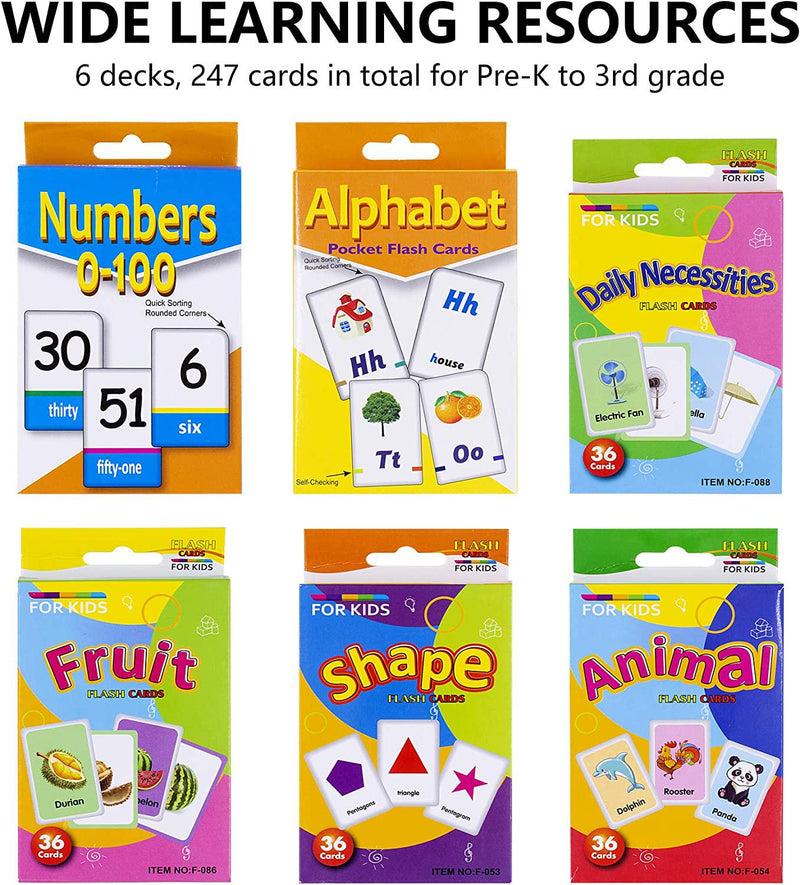 Conzy Flash Cards for Toddlers Preschoolers, Educational Learning Supply for Pre-K to 3rd Grade Homeschool, Great Value Pack 6 Sets 247 Cards-Alphabet, Number, Shape, Fruit, Animal, Necessity