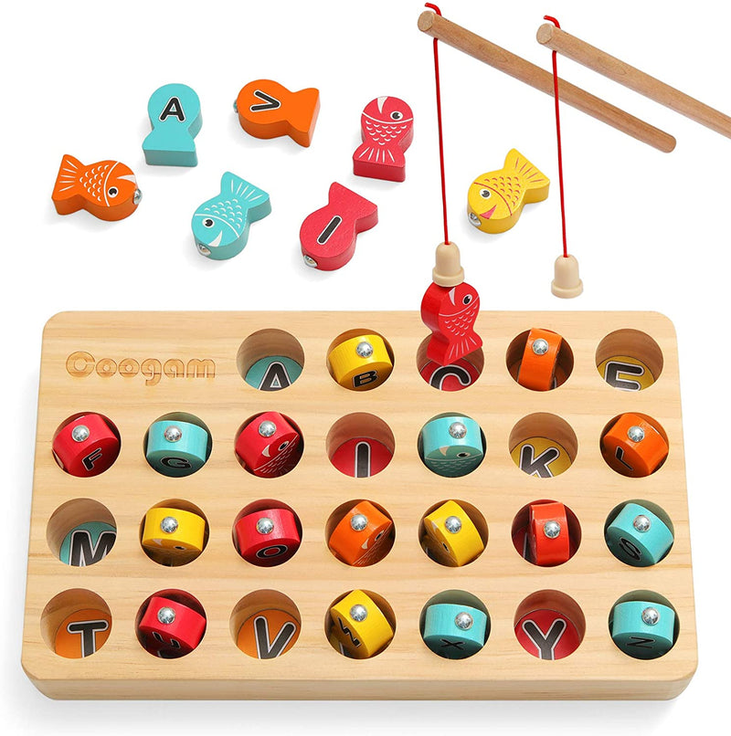 Coogam Wooden Magnetic Fishing Game, Fine Motor Skill Toy ABC Alphabet