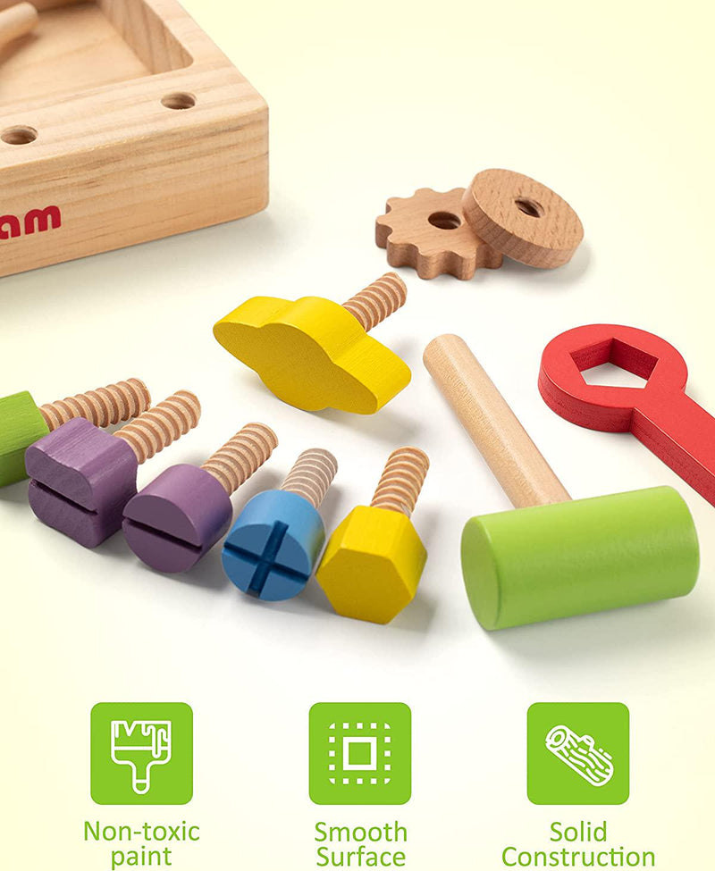 Coogam Wooden Tool Box, Toddler Fine Motor Skill Construction Building STEM Toy Set Nuts and Bolts Screw Driver Toolbox Kit Montessori Educational Preschool Year Old Kids