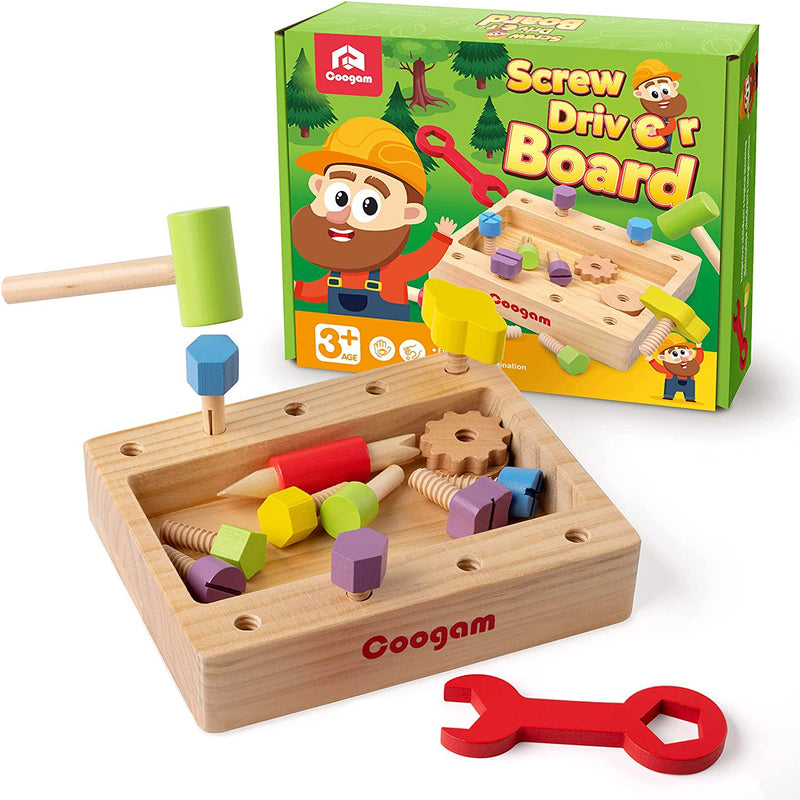 Coogam Wooden Tool Box, Toddler Fine Motor Skill Construction Building STEM Toy Set Nuts and Bolts Screw Driver Toolbox Kit Montessori Educational Preschool Year Old Kids