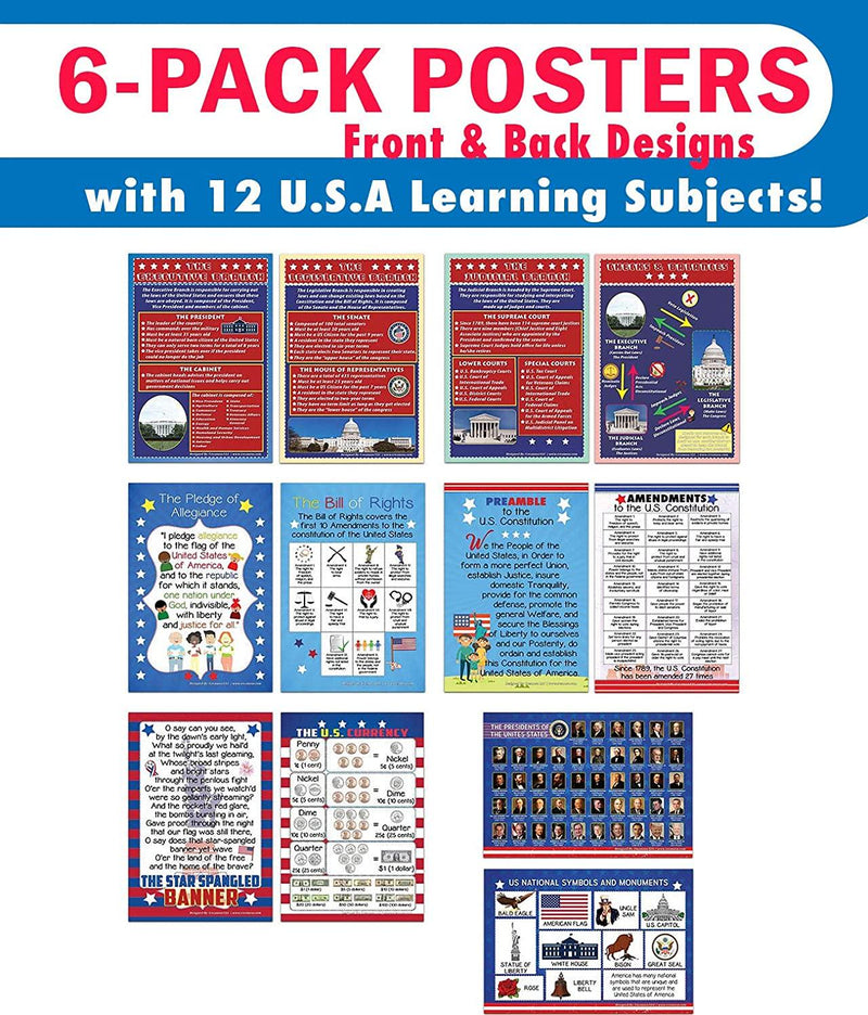 Creanoso Educational Subjects About USA Learning Posters (6-Pack) Design Gifts Ideas for Kids Boys Girls Fun Activities Stocking Stuffers Teaching Set DIY Supplementary Home Schooling Aid