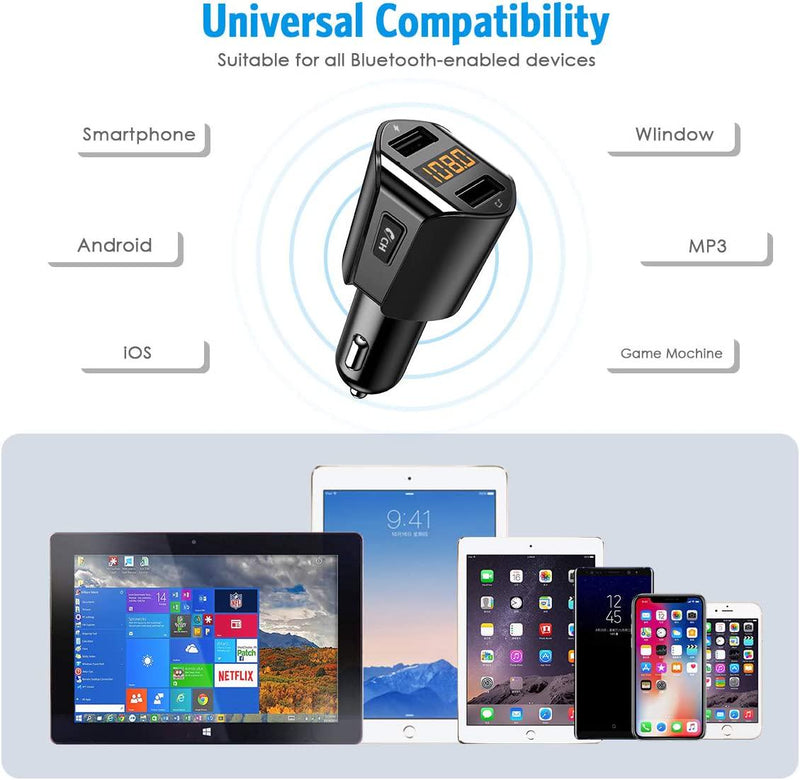 Criacr Bluetooth FM Transmitter for Car, Wireless Radio Transmitter Car Adapter with Hand-Free Calling, Dual USB Car Charger, Music Player for All Smartphones