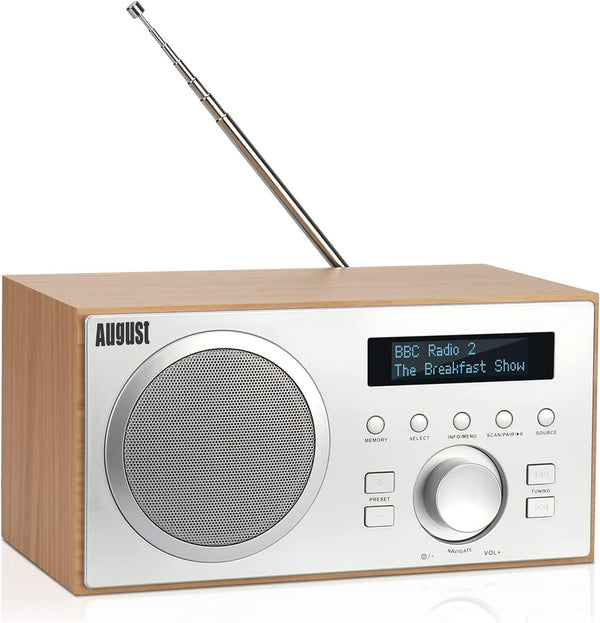 DAB+ Radio with Bluetooth Speaker - August MB420 - DAB FM Digital Tuner Dual Alarm Clock Radio Aux USB Line Out - Mains Powered LCD Screen Presets Subwoofer [Oak]
