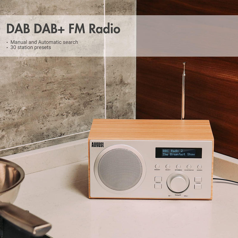DAB+ Radio with Bluetooth Speaker - August MB420 - DAB FM Digital Tuner Dual Alarm Clock Radio Aux USB Line Out - Mains Powered LCD Screen Presets Subwoofer [Oak]
