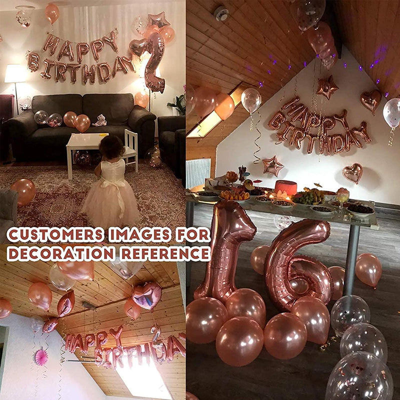 DAWNTREES Birthday Balloons for Girls , Birthday Decorations, Happy Birthday Party Banners, Rose Gold Tassel Curtains, Aluminum foil tablecloths, Heart-Shaped Star foil Confetti Balloons.(Pink)