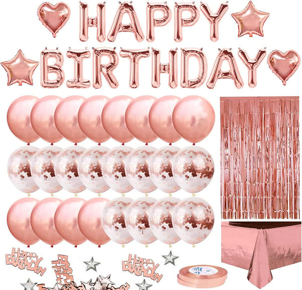 DAWNTREES Birthday Balloons for Girls , Birthday Decorations, Happy Birthday Party Banners, Rose Gold Tassel Curtains, Aluminum foil tablecloths, Heart-Shaped Star foil Confetti Balloons.(Pink)