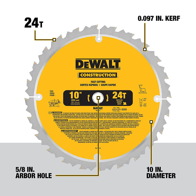 DEWALT 10-Inch Miter/Table Saw Blade, ATB, Thin Kerf, 5/8-Inch Arbor, 24-Tooth (DW3112)