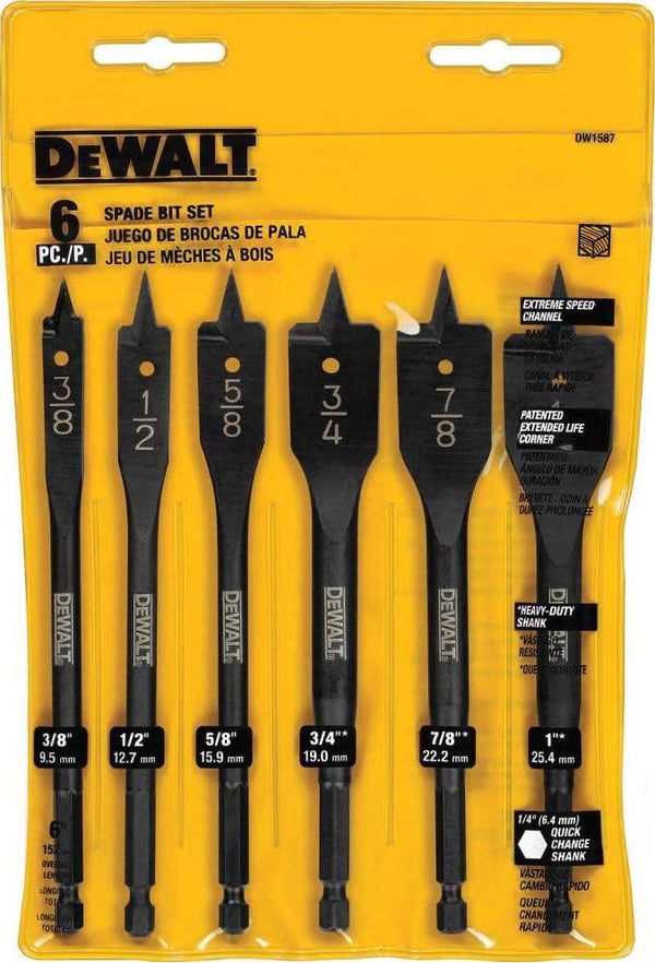 DEWALT DW1587 6 Bit 3/8-Inch to 1-Inch Spade Drill Bit Assortment