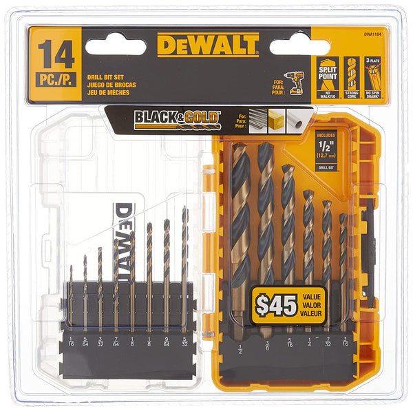 DEWALT DWA1184 14Piece Set Black Oxide Coated HSS Twist Drill Bit Set