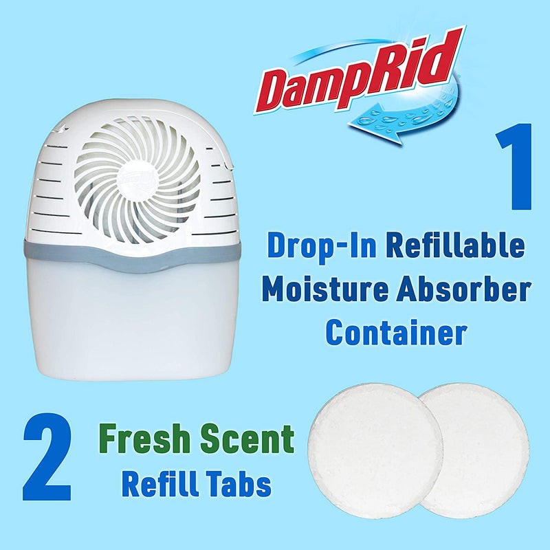 DampRid Drop Starter Kit with 2 Fresh Scent Moisture Absorbing Tabs Odor Eliminator for Fresher, Cleaner Air, No Electricity Required, 2 Count, White, 15 Ounces