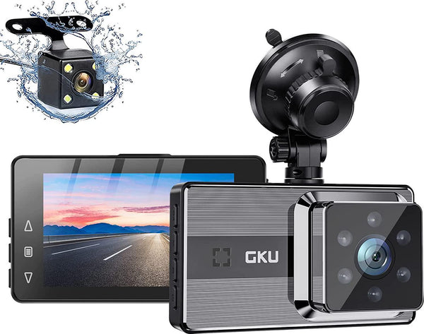Dash Cam Front and Rear,GKU Dash Cam 1080P Full HD Dual Car Camera,170° Wide Angle Backup Dash Camera for Cars,Super Night Vision,Car Dash Cam with Parking Monitor,Motion Detection,Loop Recording