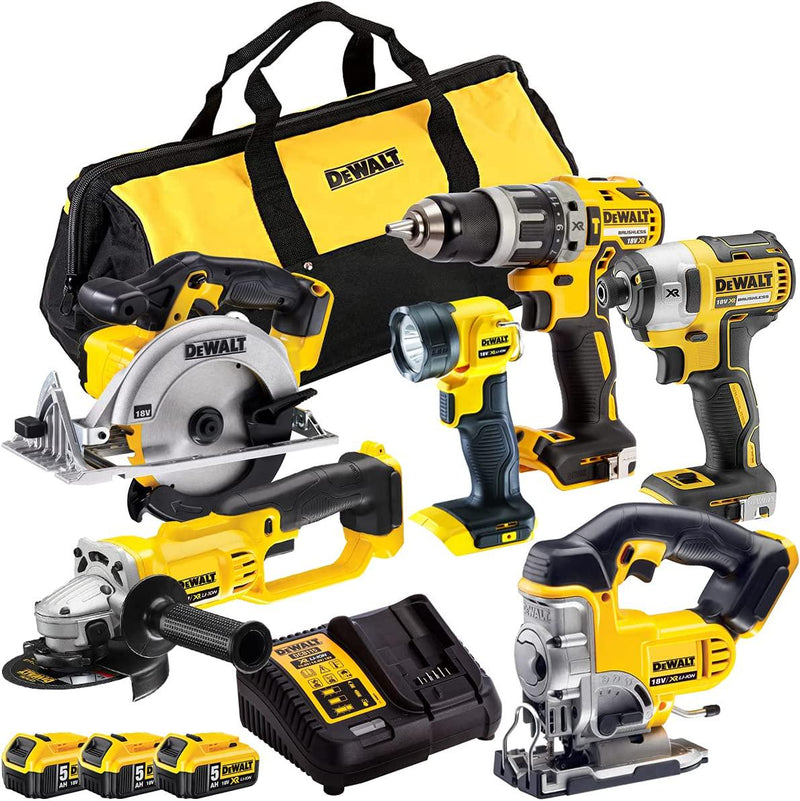 Dewalt 18V 6 Piece Cordless Power Tool Kit DCD796,DCF887,DCS391,DCS331,DCG412,DCL040 with 3 x 5.0Ah DCB184 Batteries + DCB115 Charger in Bag T4TKIT-833