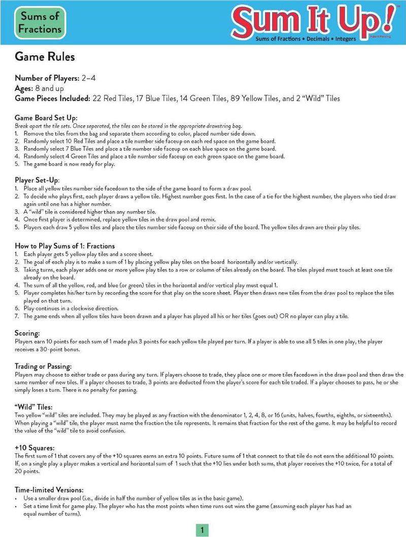 Didax Educational Resources Sum It Up! Sums of Fractions, Decimals, Integers