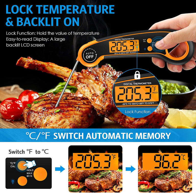 Digital Meat Thermometer, Instant Read Food Thermometer, High Accuracy Kitchen Thermometer for BBQ, Grill, Candy, Baking (Battery Included)