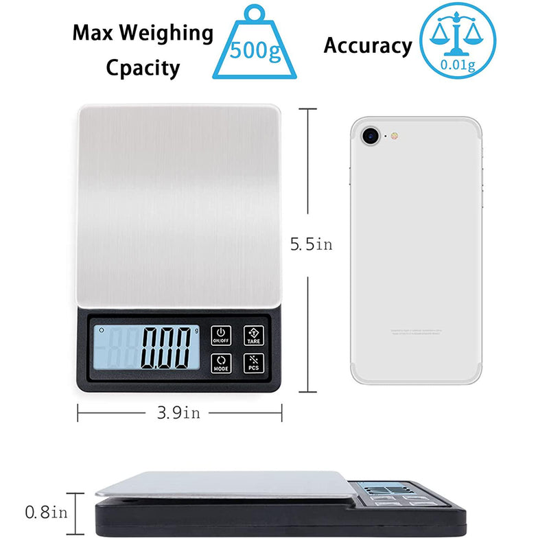 NEXT-SHINE Gram Scale, Digital Pocket Scale Portable Mini Size 500g x 0.01g  with Back-Lit LCD Display Stainless Steel Platform Grams Ounces for Coffee