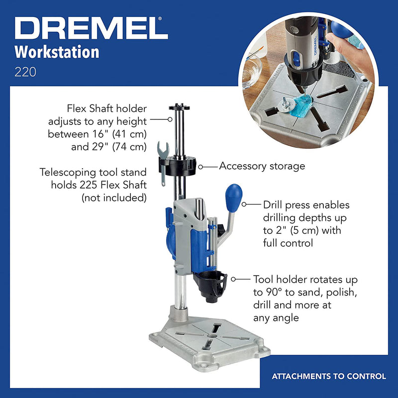 Dremel 220 Multi Purpose 3in1 Workstation Stand (Drill Press, Rotary Tool Holder and FlexShaft Tool Holder for Bench Drilling, Woodworking and more)