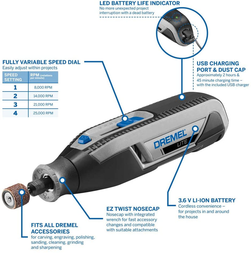 Dremel Lite 7760 Cordless Rotary Tool Li-Ion 3.6 V Multi Tool Kit (15 Accessories, Variable Speed 8,000 to 25,000 RPM for Carving, Engraving, Grinding, Sharpening, Cleaning, Polishing and Sanding)