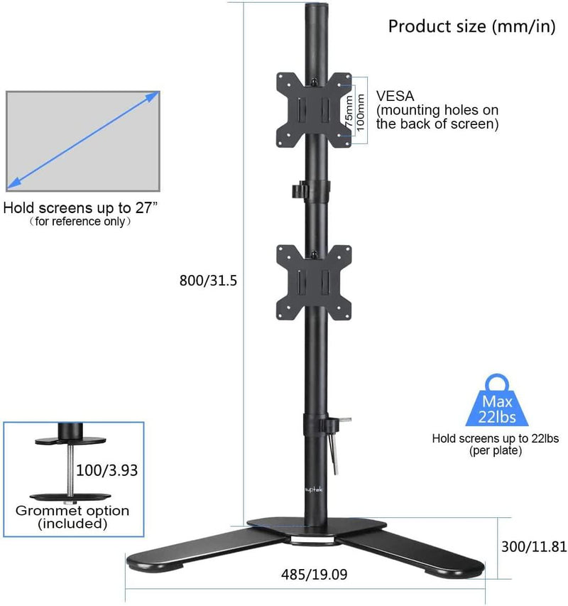 Dual Monitor Mount, Vertical Monitor Stand for 2 13-27 inch Monitors(80cm Tall Pole) Monitor Stands for Desks Free-Standing, Double Monitor Stands for Desks, Dual Monitor Riser Screen Mount ML6802