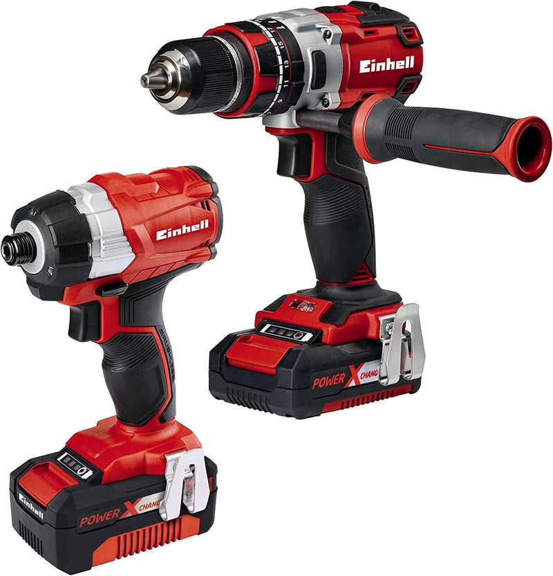 Einhell 4257216 4.0 Ah Cordless Power X-Change Combi Drill and Impact Driver Brushless Kit - Twin Pack , Red