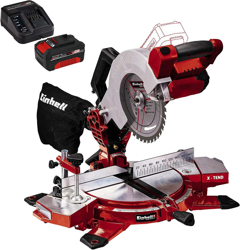 Einhell Cordless Mitre Saw TE-MS 18/210 Li Power X-Change (18 V, 3000 rpm, Tiltable Saw Head, X-Tend Workpiece Supports, Carbide-Tipped Precision Saw Blade, Laser, LED, with 4.0 Ah Battery and Charger)