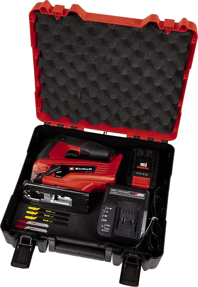 Einhell Power X-Change 18V Cordless Jigsaw | Electric Jig Saw To Cut Wood, Plastic And Metal | TC-JS 18 Li Kit With 2.5Ah Battery, Fast Charger And Storage Case