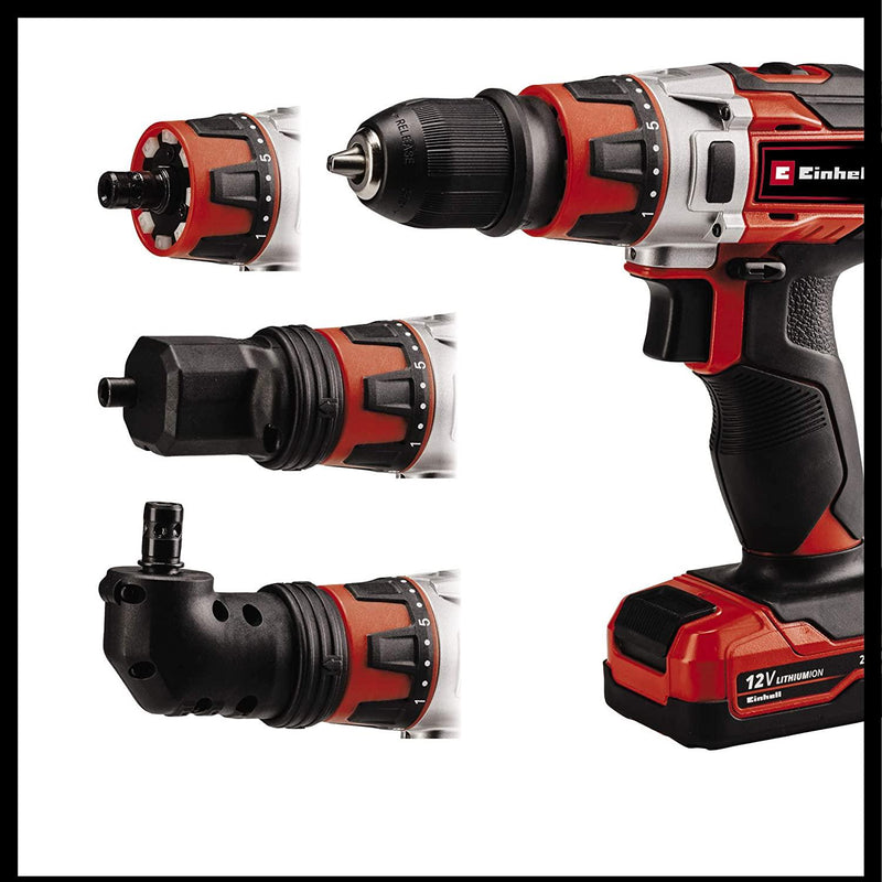 Einhell TE-CD 12/1 3X-Li Cordless Drill Driver With Battery And Charger | 30Nm, 2-Speed Gearing, 10mm Drill Chuck, 90° Angle Attachment, LED Light | Combi Drill Set With 39 Piece Drill Bit Set