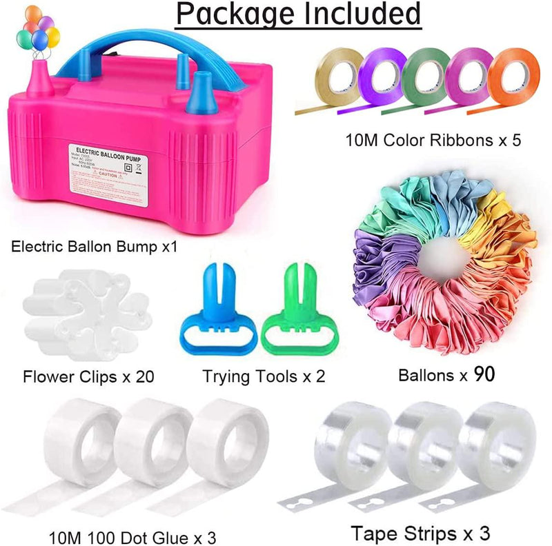 Electric Air Balloon Pump, Portable Balloon Inflator with 90 PCS Macaron Balloons, Tying Tools, 20 Flower Clips, Tape Strip and Dot Glues Balloon Blower for Garland Party Birthday Wedding Decorations