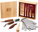 Elemental Tools 9pc Wood Carving Set - Hook Carving Knife, Whittling Knife, And Detail Wood Knife For Spoon, Bowl, Kuksa Cup Or General Woodwork - Bonus Cut Resistant Gloves And Bamboo Gift Box