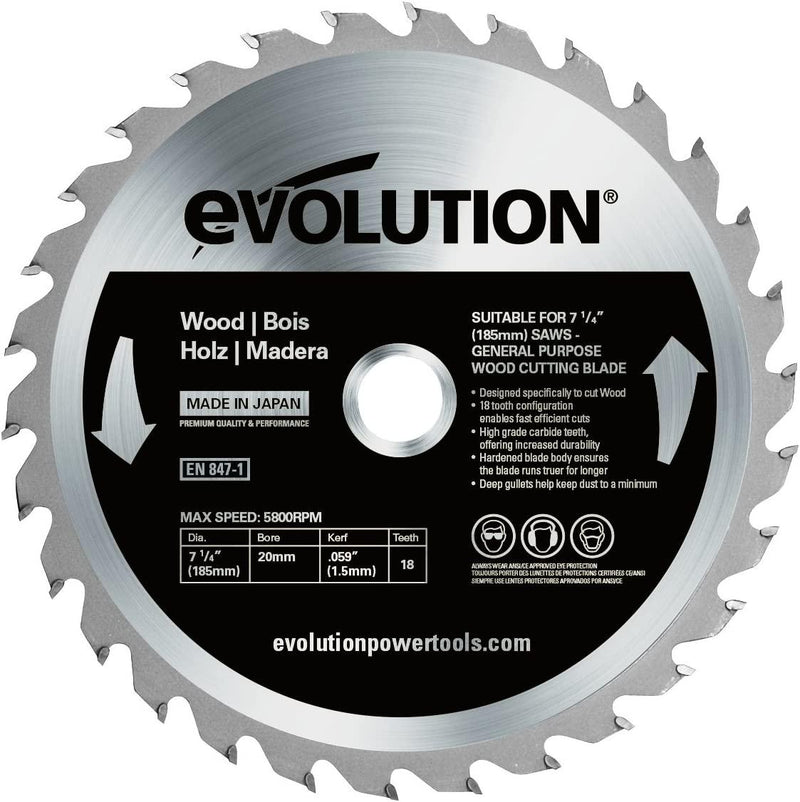 Evolution Power Tools R185CCSX Multi-Material Circular Saw, 185 mm, (230 V) with Additional GW185TCT-18 Blade