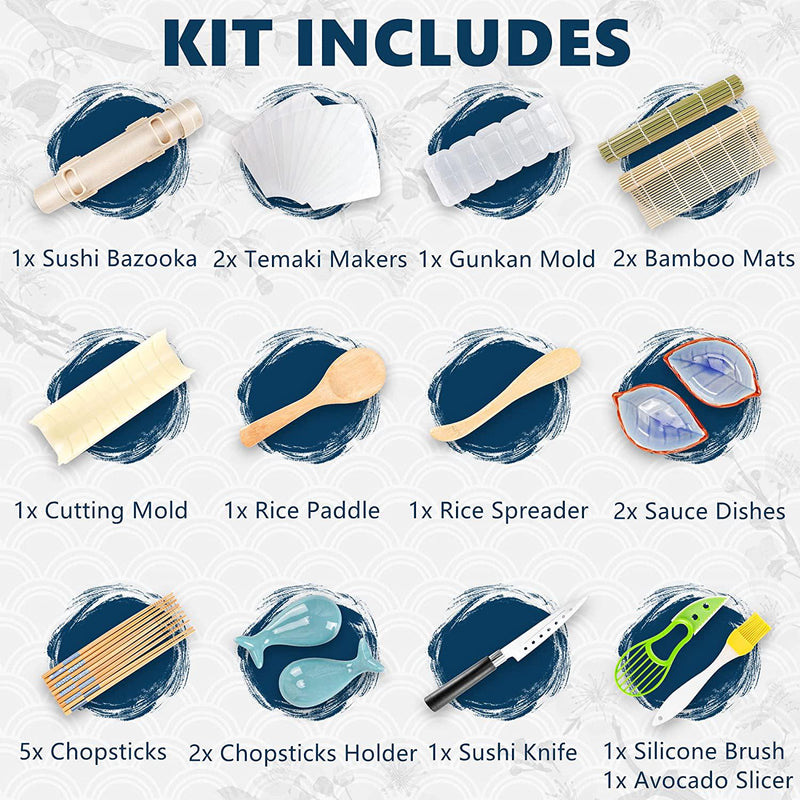 FUNGYAND 22 in 1 Sushi Making Kit, All in One Sushi Bazooka Maker with  Sushi Knife, Bamboo Mats, Rice Mold, Temaki Sushi Mats, Rice Paddle, Rice