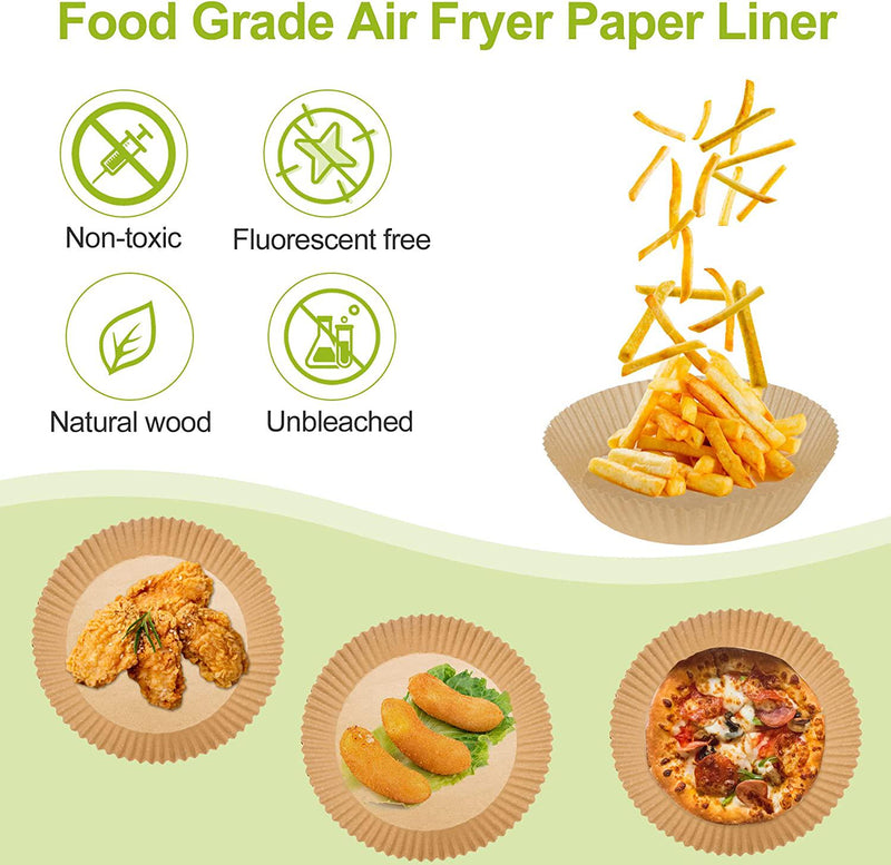 FUNGYAND 50 Pieces Air Fryer Parchment Paper Liners with Silicone Brush Non-Stick Disposable Air Fryer Liners Basket Parchment for Baking and Roasting Diameter 16cm