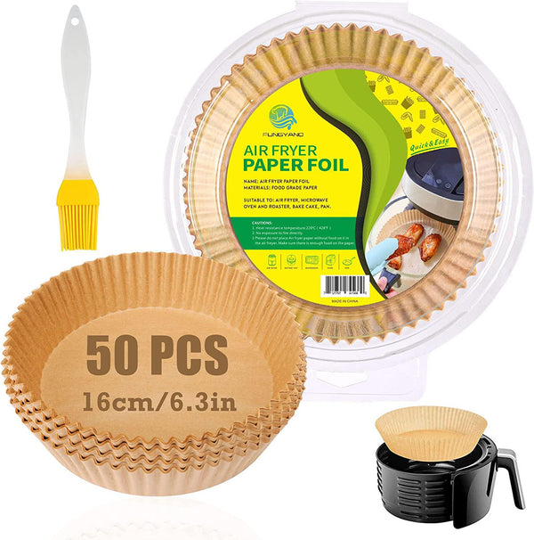 FUNGYAND 50 Pieces Air Fryer Parchment Paper Liners with Silicone Brush Non-Stick Disposable Air Fryer Liners Basket Parchment for Baking and Roasting Diameter 16cm