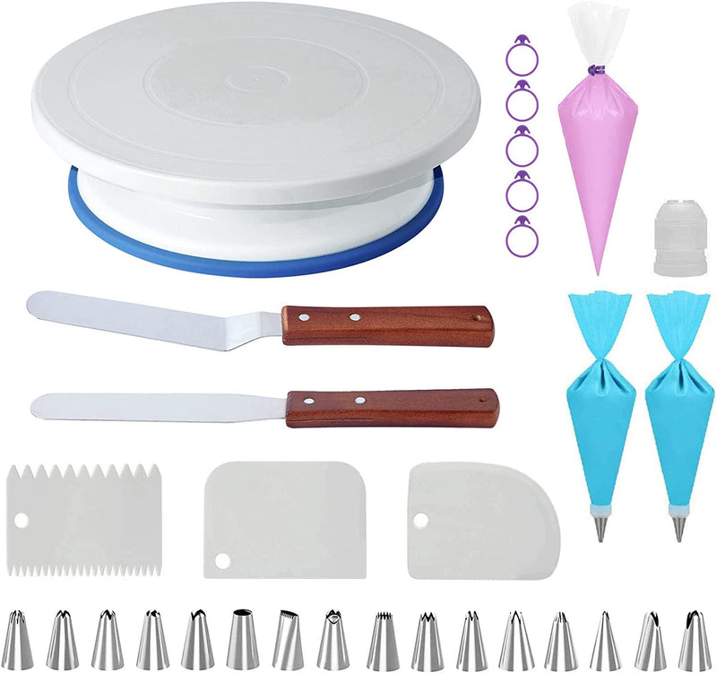 FUNGYAND Cake Decorating Kit, Includes 1 Cake Turntable, 24 Cake Decorating Tips, 2 Icing Spatula, 3 Icing Smoother, 2 Silicone Piping Bag, 50 Disposable Pastry Bags, 5 Bag Ties and 1 Coupler