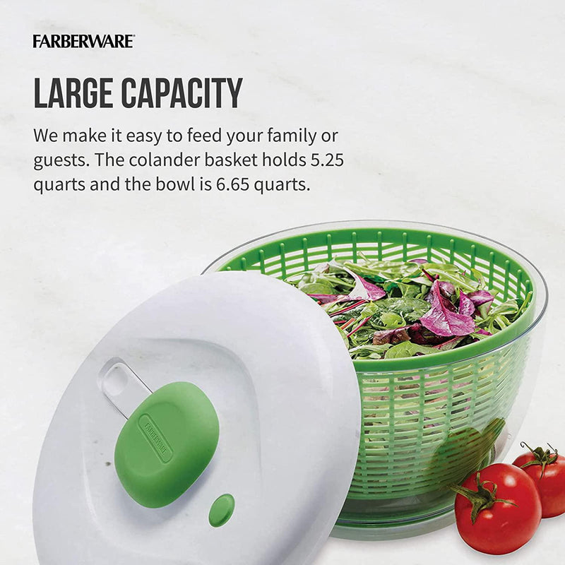 Farberware Easy to use pro Pump Spinner with Bowl, Colander and Built in draining System for Fresh, Crisp, Clean Salad and Produce, Large 6.6 Quart, Green
